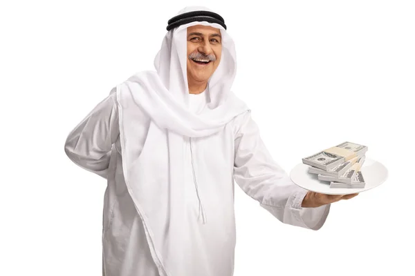Зрелый Араб Держит Тарелку Деньгами Изолированы Белом Фоне — стоковое фото