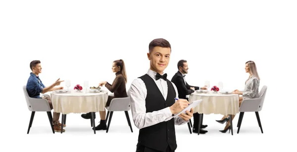 Camarero Joven Restaurante Gente Cenando Parte Posterior Aislada Sobre Fondo —  Fotos de Stock