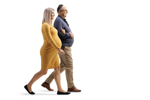 Full Length Profile Shot Pregnant Woman Walking Mature Man Isolated — Stock Photo, Image