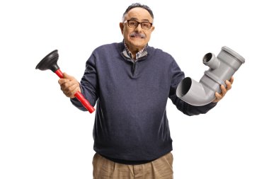 Confused mature man holding a pipe and a toilet plunger isolated on white background clipart