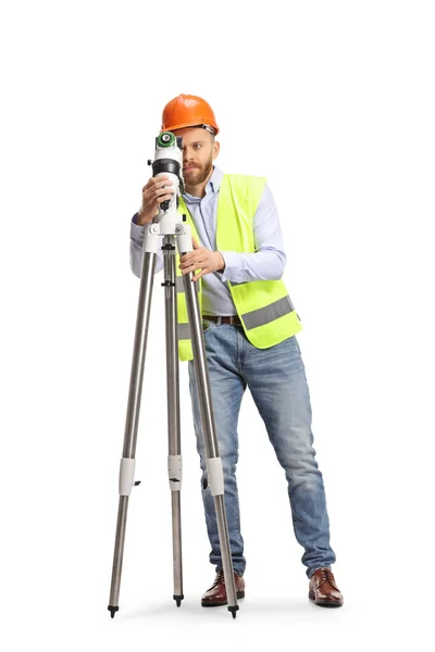 Agrimensor Geodésico Trabalhando Com Equipamento Medição Isolado Fundo Branco — Fotografia de Stock