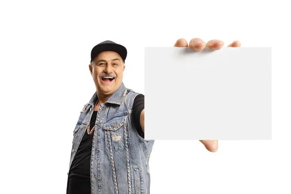 Smiling Mature Man Holding Small Blank Cardboard Isolated White Background — Stock Photo, Image
