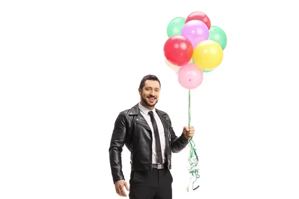 Handsome Young Man Holding Bunch Balloons Isolated White Background — Stock Photo, Image