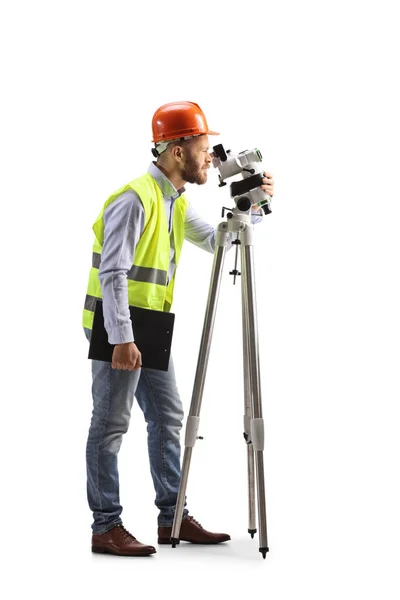 Fotografia Perfil Comprimento Total Agrimensor Geodésico Que Trabalha Com Equipamento — Fotografia de Stock