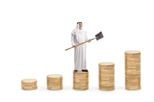 Full Length Portrait Mature Arab Man Standing Top Pile Coins — Stock Photo, Image