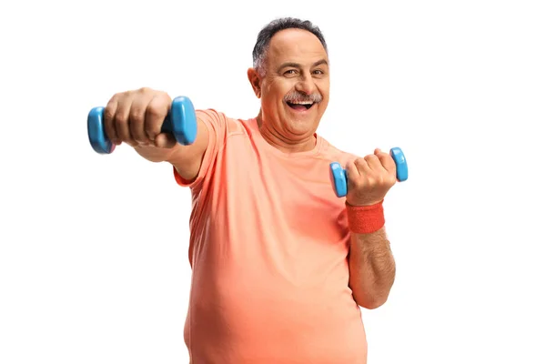 Vrolijke Volwassen Man Oefenen Met Halters Geïsoleerd Witte Achtergrond — Stockfoto