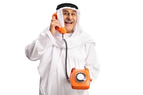 Arabisk Man Med Gammal Vintage Roterande Telefon Och Ler Isolerad — Stockfoto