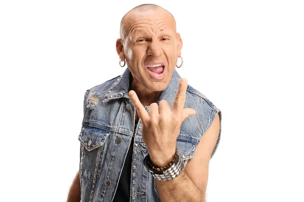 Bald Rocker Man Denim Vest Posing Gesturing Rock Roll Sign — Stock Photo, Image