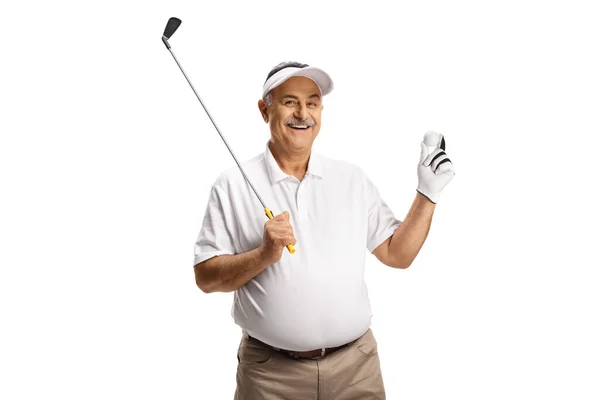 Älterer Mann Lächelt Und Hält Einen Ball Und Einen Golfschläger — Stockfoto