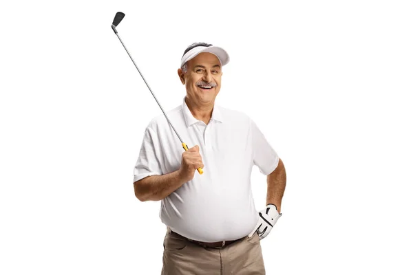 Volwassen Man Glimlachen Het Houden Van Een Golfclub Geïsoleerd Witte — Stockfoto