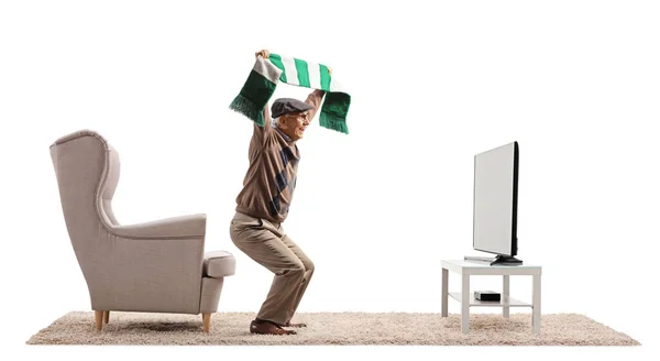 Foto Perfil Completo Anciano Con Una Bufanda Fútbol Animando Frente — Foto de Stock