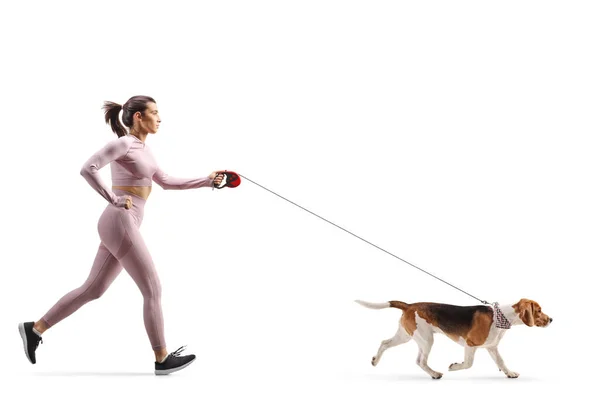 Filme Completo Uma Fêmea Topo Colheita Leggings Correndo Com Cão — Fotografia de Stock