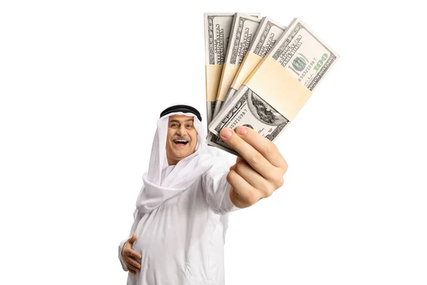 Mature Arab Man Wearing Dishdasha Smiling Showing Money Front Camera — Stock Photo, Image
