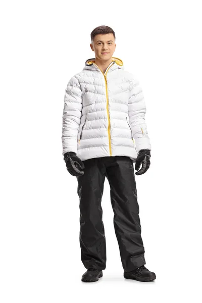 Full Length Portrait Guy White Winter Jacket Pants Isolated White — Stock Photo, Image