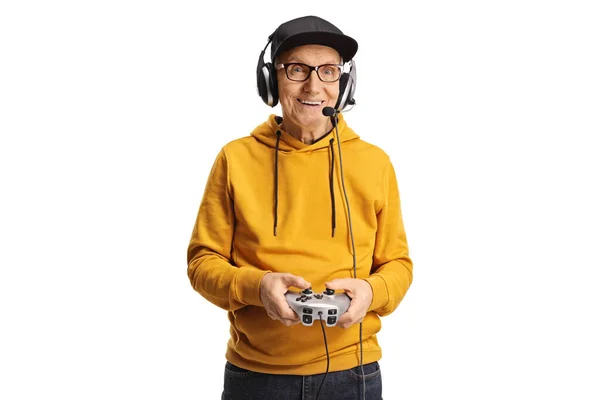 Starszy Mężczyzna Słuchawkami Joystickiem Odizolowany Białym Tle — Zdjęcie stockowe