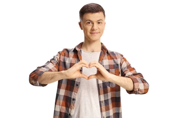 Young Casual Man Gesturing Heart Symbol Hands Isolated White Background — Stock Photo, Image