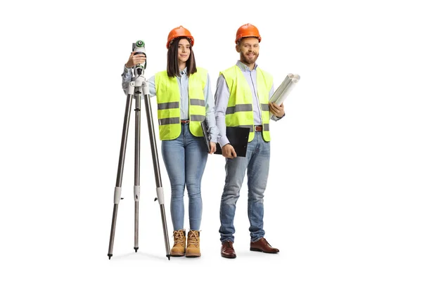 Female Geodetic Surveyor Measuring Device Male Engineer Posing Isolated White — Stock Photo, Image