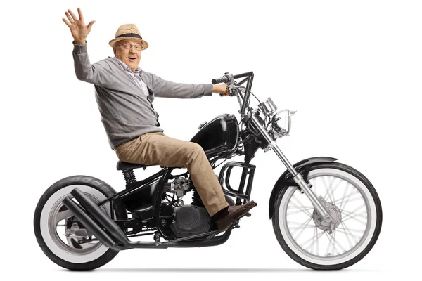 Senior Man Riding Custom Chopper Motorbike Waving Camera Isolated White — Stock Photo, Image