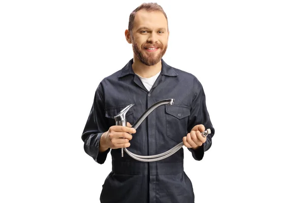 Plumber Uniform Holding Steel Hose Tap Isolated White Background — Stock Photo, Image