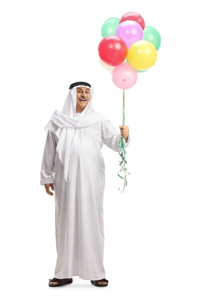 Full Längd Porträtt Mogen Arabiska Man Som Håller Ballonger Isolerade — Stockfoto