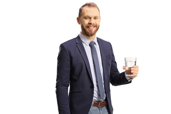 Joven Profesional Sosteniendo Vaso Agua Aislado Sobre Fondo Blanco —  Fotos de Stock