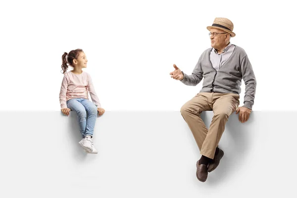 Gentleman Sitting Blank Panel Talking Child Isolated White Background — Stock Photo, Image