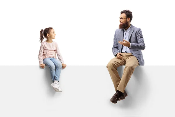 Man Sitting Blank Panel Gesturing Hand Talking Little Girl Isolated — Stock Photo, Image