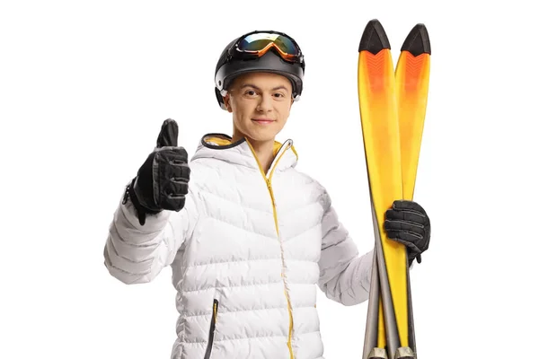 Kerl Mit Skibrille Und Jacke Hält Ein Paar Skier Der — Stockfoto