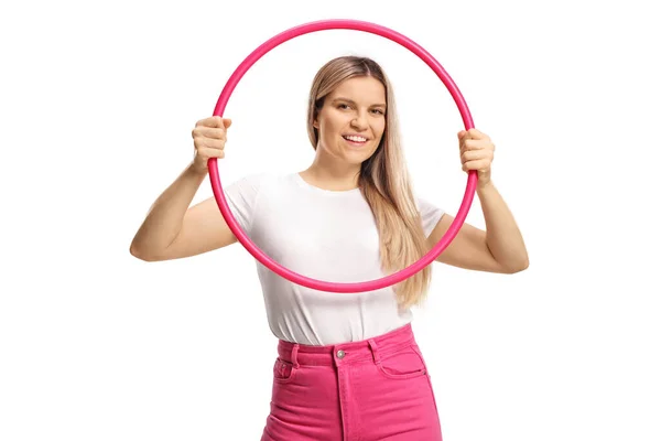 Young Woman Holding Hula Hoop Smiling Isolated White Background — Stock Photo, Image