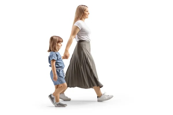 Full Length Profile Shot Mother Daughter Walking Holding Hands Isolated — Stock Photo, Image