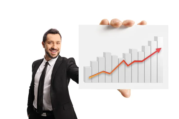 Businessman Showing Card Rising Bar Chart Front Camera Isolated White — Stock Photo, Image