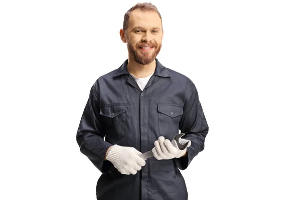 Smiling Young Mechanic Uniform Holding Wrench Tool Isolated White Background — Stock Photo, Image