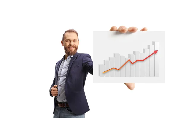Young Professional Man Showing Card Bar Chart Front Camera Isolated — Stock Photo, Image