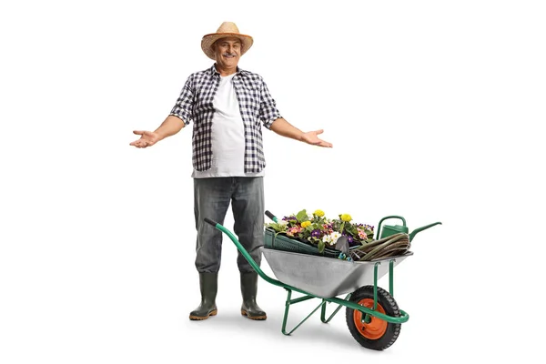 一个满脸笑容 头戴草帽 手推车上满是白色背景植物的成熟农民的全长画像 — 图库照片