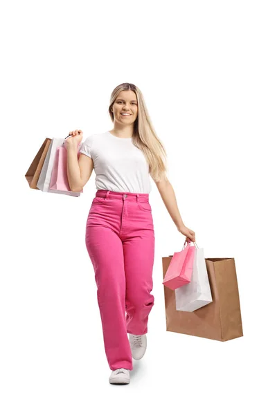 Full Length Portrait Young Casual Female Pink Jeans Walking Shopping — Stock Photo, Image