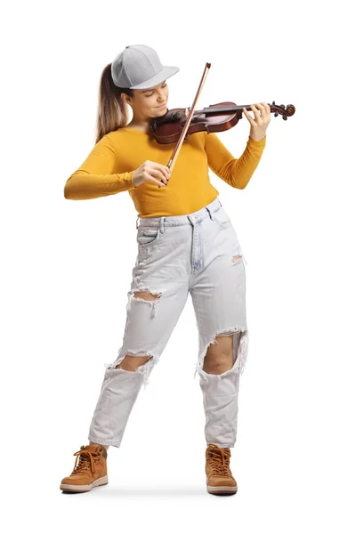 Fiatal Trendi Női Hegedűművész Játszik Elszigetelt Fehér Háttér — Stock Fotó