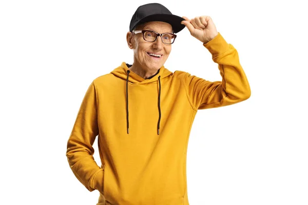 Älterer Mann Mit Gruß Mit Mütze Auf Weißem Hintergrund — Stockfoto