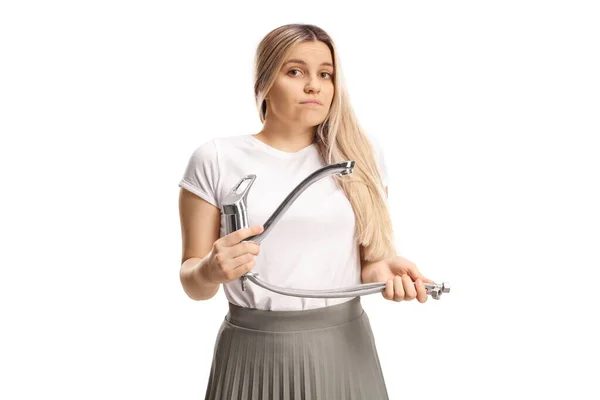 Confused Young Woman Holding Steel Hose Pliers Isolated White Background — Stock Photo, Image