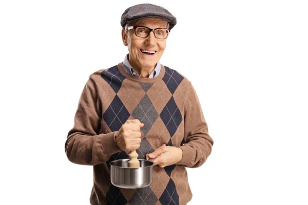 Anciano Sosteniendo Una Maceta Pestle Aislado Sobre Fondo Blanco —  Fotos de Stock