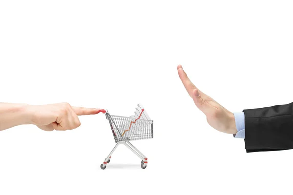 Finger Pushing Shopping Cart Bar Chart Male Hand Gesturing Stop — Stock Photo, Image