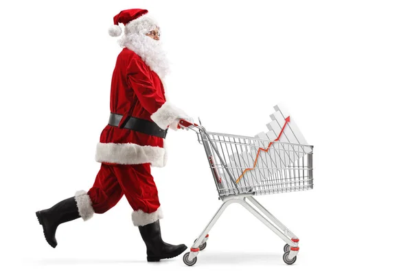 Full Length Profile Shot Santa Claus Running Shopping Cart Bar — Stock Photo, Image