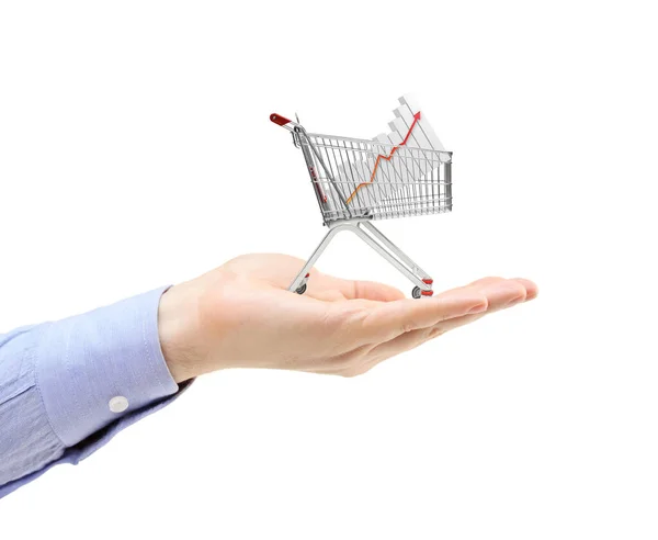 Hand Holding Shopping Cart Bar Chart Isolated White Background — Stock Photo, Image
