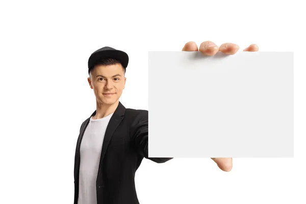Full Length Portrait Fashionable Guy Showing Blank Card Isolated White — Stock Photo, Image