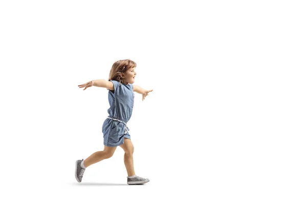 Full Length Profile Shot Happy Little Girl Running Spreading Arms — Stock Photo, Image