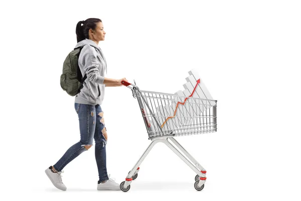 Full Length Profile Shot Female Student Walking Pushing Shopping Cart — Φωτογραφία Αρχείου