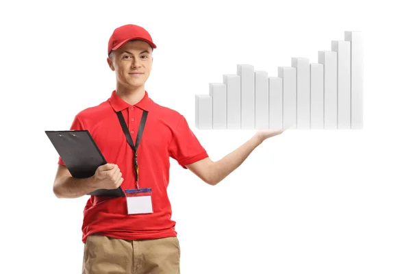 Full Length Portrait Male Shop Assistant Holding Bar Chart His — Stockfoto