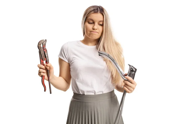 Confused Young Woman Holding Water Tap Pliers Isolated White Background — Stock Photo, Image