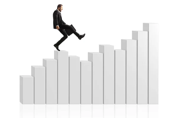 Shocked Businessman Making Step Bar Chart Isolated White Background — Stock Photo, Image