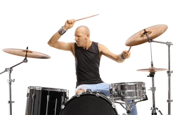 白い背景に孤立した太鼓を演奏する男性 — ストック写真