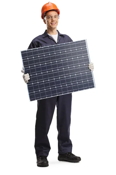 Technicien Masculin Tenant Panneau Solaire Photovoltaïque Isolé Sur Fond Blanc — Photo